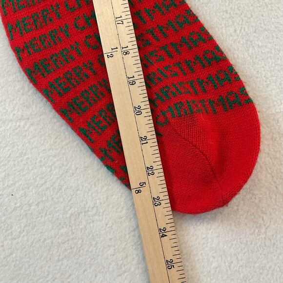 Dept 56 Knit Stocking Merry Christmas Red Green Vintage 1983 Taiwan Pom Poms - Picture 6 of 10